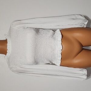 Petal Raz Shirred Puffy Long Sleeve Top White Size Small
